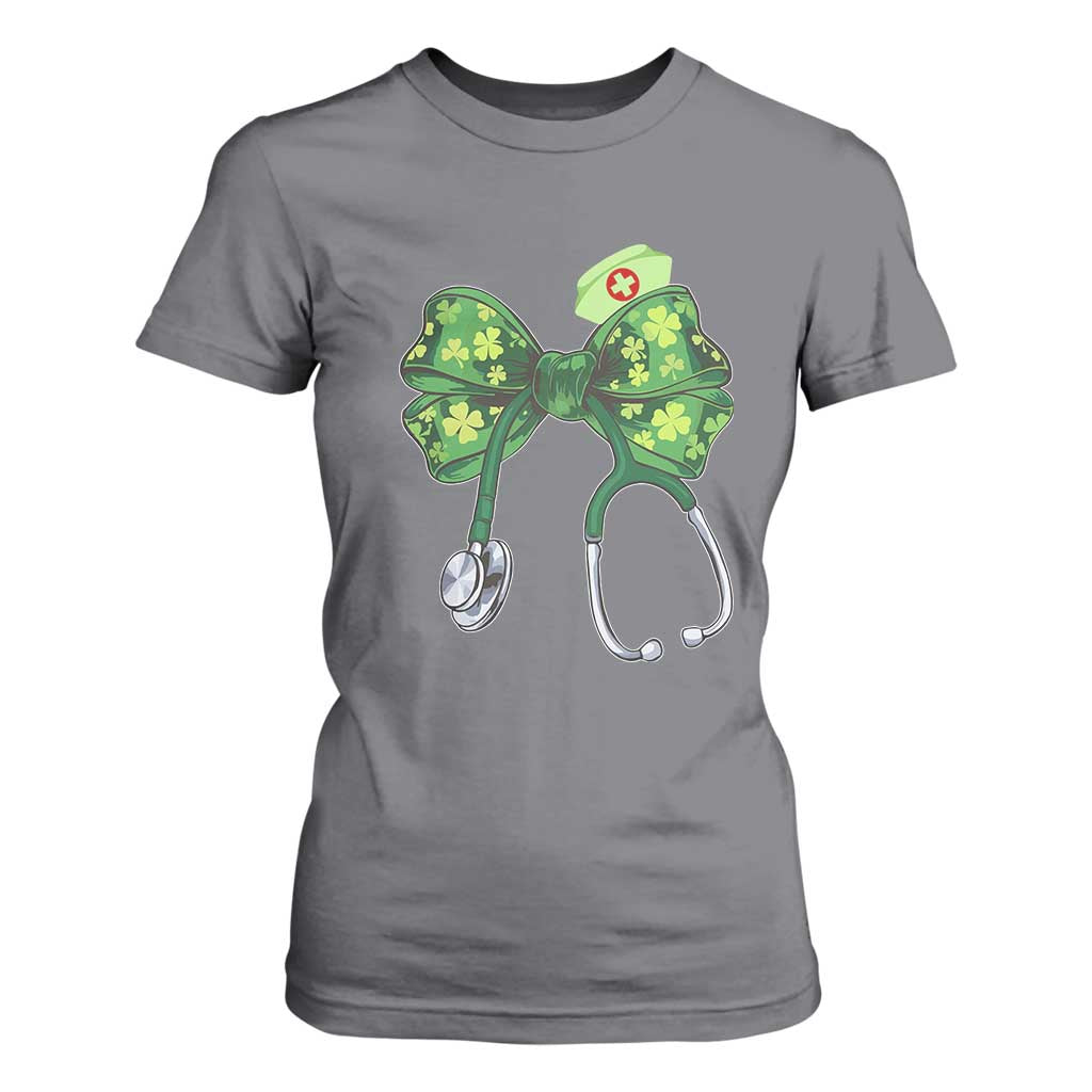 Shamrock Coquette Bow Stethoscope T Shirt For Women Registered Nurse Nursing St Patricks Day TS02 Charcoal Print Your Wear