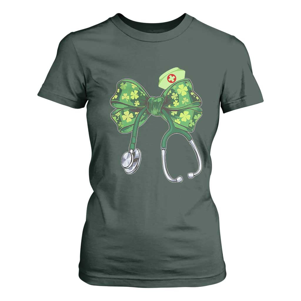 Shamrock Coquette Bow Stethoscope T Shirt For Women Registered Nurse Nursing St Patricks Day TS02 Dark Forest Green Print Your Wear