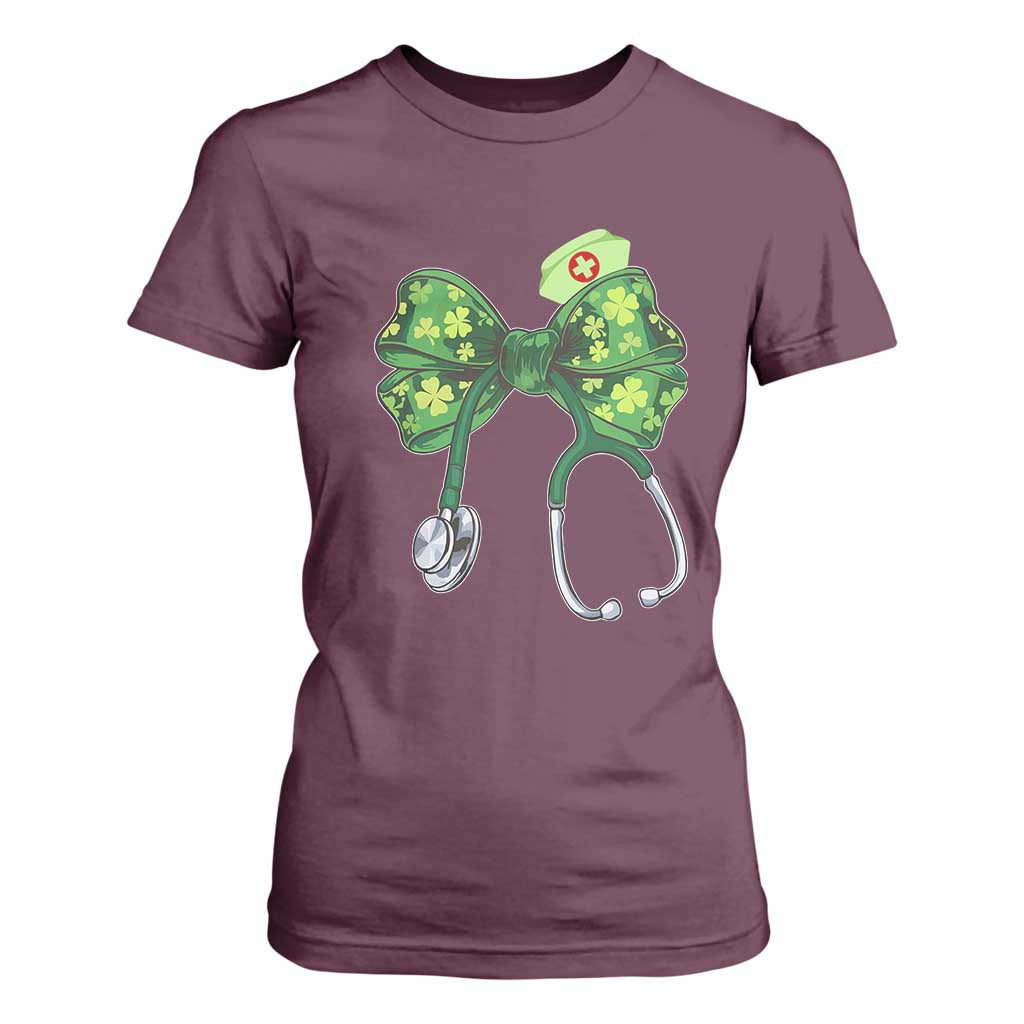 Shamrock Coquette Bow Stethoscope T Shirt For Women Registered Nurse Nursing St Patricks Day TS02 Maroon Print Your Wear