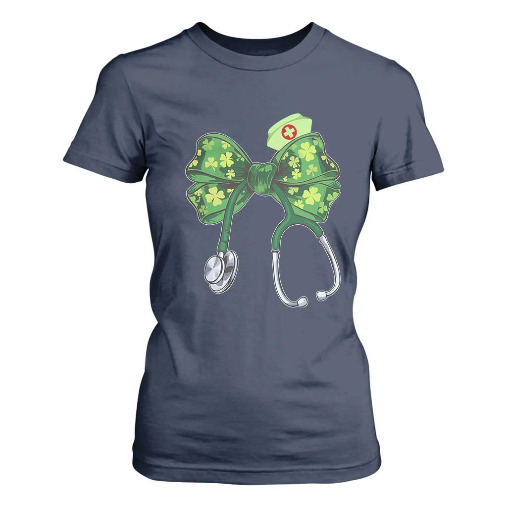Shamrock Coquette Bow Stethoscope T Shirt For Women Registered Nurse Nursing St Patricks Day TS02 Navy Print Your Wear
