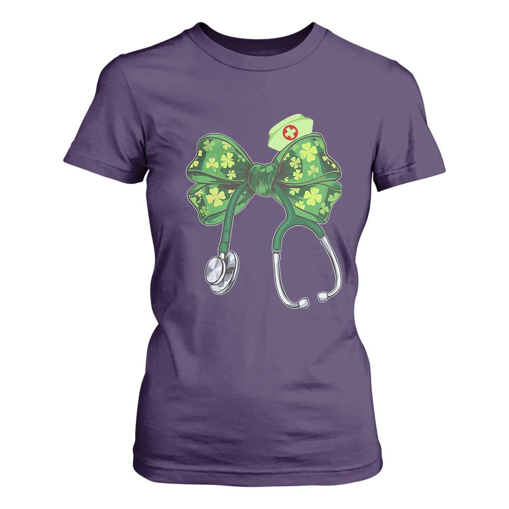 Shamrock Coquette Bow Stethoscope T Shirt For Women Registered Nurse Nursing St Patricks Day TS02 Purple Print Your Wear
