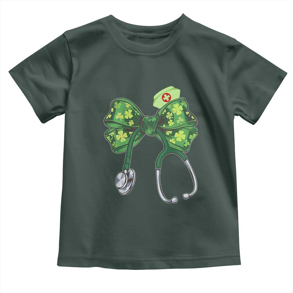 Shamrock Coquette Bow Stethoscope Toddler T Shirt Registered Nurse Nursing St Patricks Day TS02 Dark Forest Green Print Your Wear
