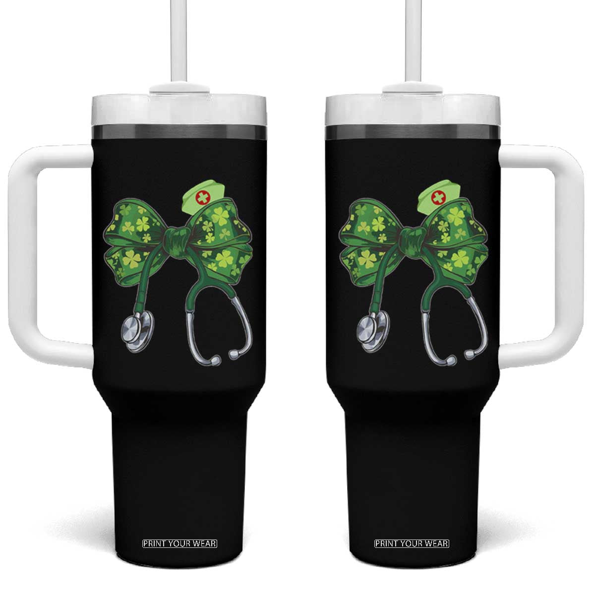Shamrock Coquette Bow Stethoscope Tumbler With Handle Registered Nurse Nursing St Patricks Day TS02 One Size: 40 oz Black Print Your Wear