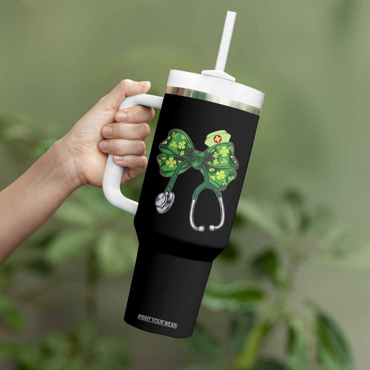 Shamrock Coquette Bow Stethoscope Tumbler With Handle Registered Nurse Nursing St Patricks Day TS02 Print Your Wear
