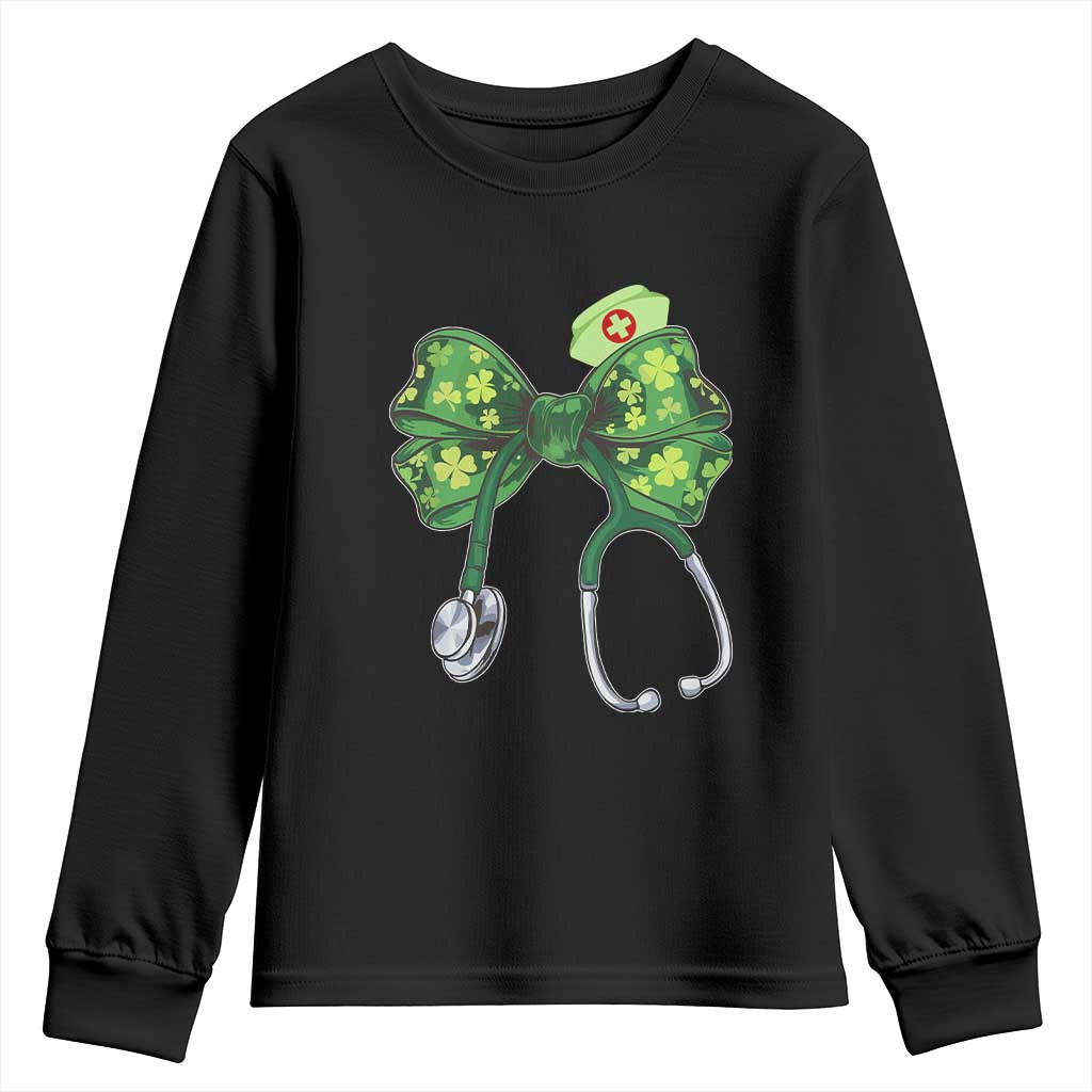 Shamrock Coquette Bow Stethoscope Youth Sweatshirt Registered Nurse Nursing St Patricks Day TS02 Black Print Your Wear