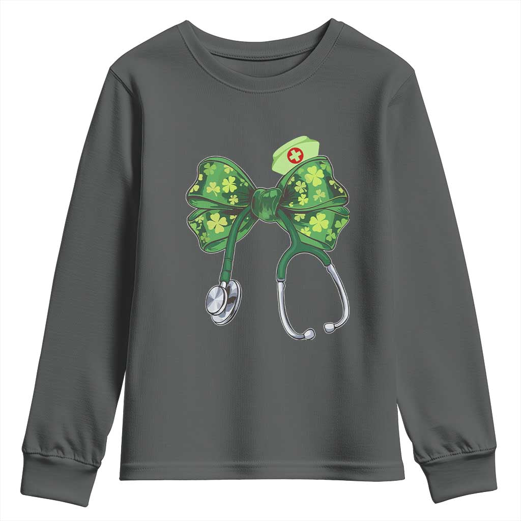 Shamrock Coquette Bow Stethoscope Youth Sweatshirt Registered Nurse Nursing St Patricks Day TS02 Dark Heather Print Your Wear