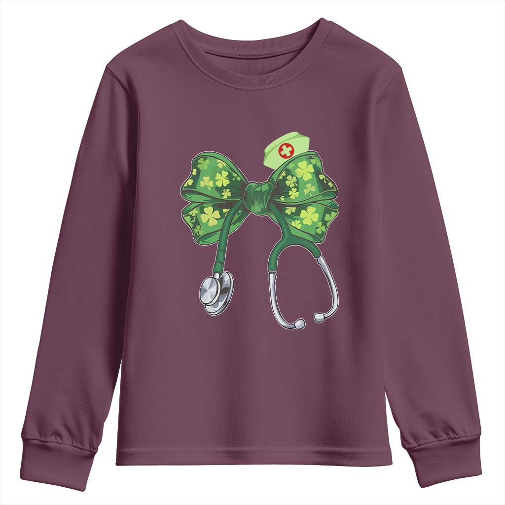Shamrock Coquette Bow Stethoscope Youth Sweatshirt Registered Nurse Nursing St Patricks Day TS02 Maroon Print Your Wear