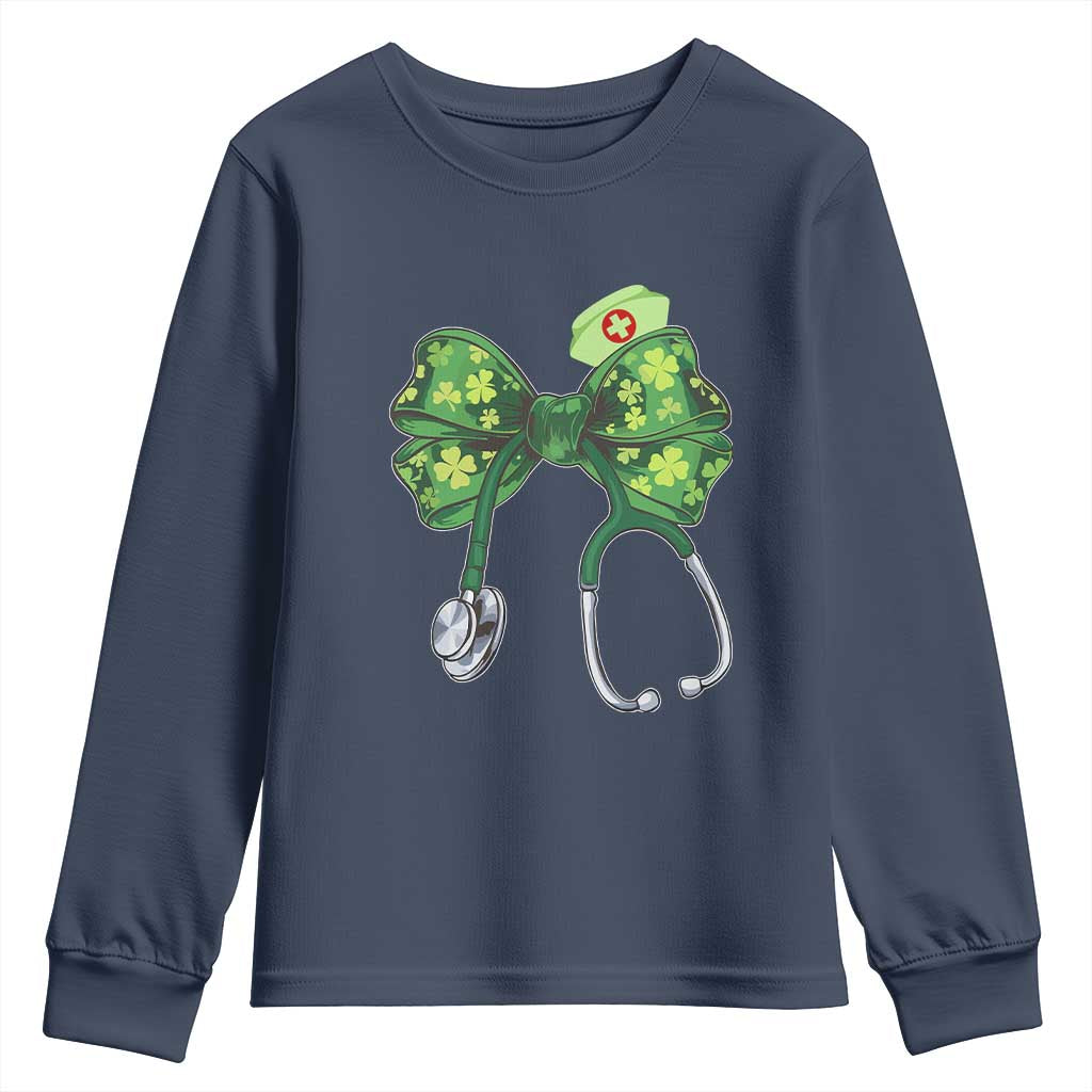 Shamrock Coquette Bow Stethoscope Youth Sweatshirt Registered Nurse Nursing St Patricks Day TS02 Navy Print Your Wear