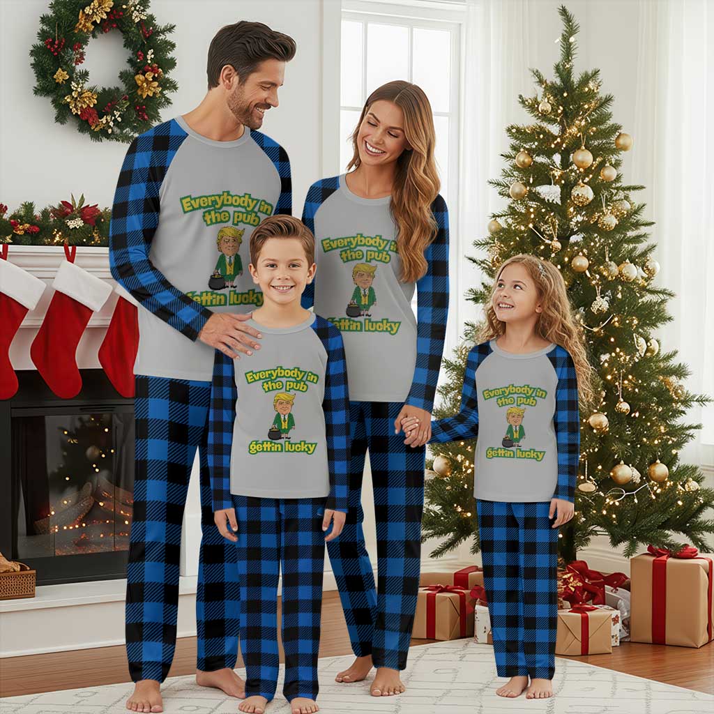 Funny St Patrick's Day Trump Plaid Pajama Set Everybody in Pub Gettin Lucky TS02 Blue Plaid Print Your Wear