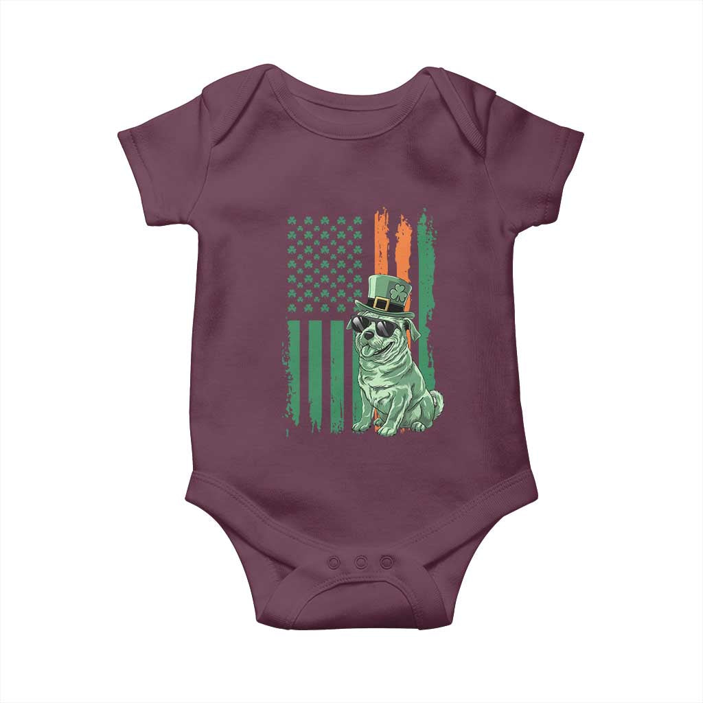 Funny St Patrick's Day Pug Leprechaun Baby Onesie Dog Lover Puppy Green American Flag TS02 Maroon Print Your Wear