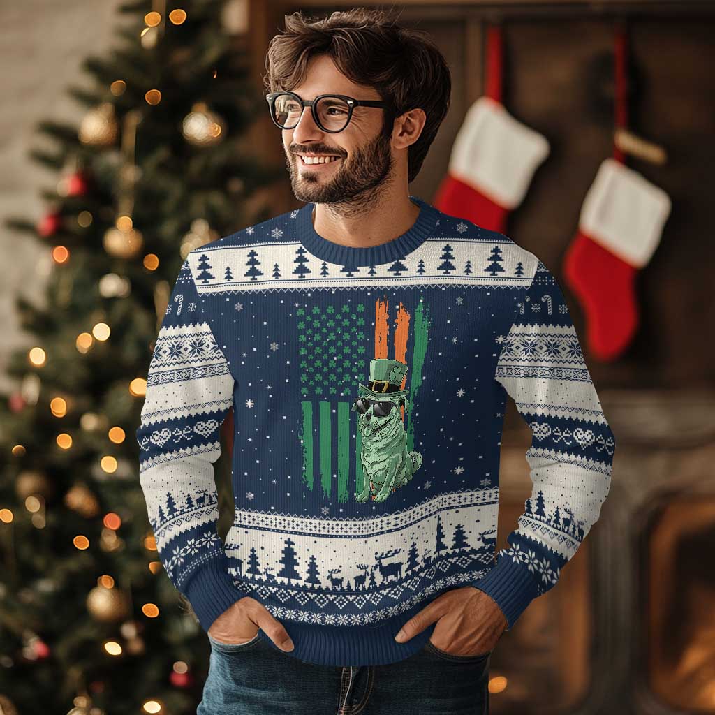 Funny St Patrick's Day Pug Leprechaun Ugly Christmas Sweater Dog Lover Puppy Green American Flag TS02 Navy Beige Print Your Wear