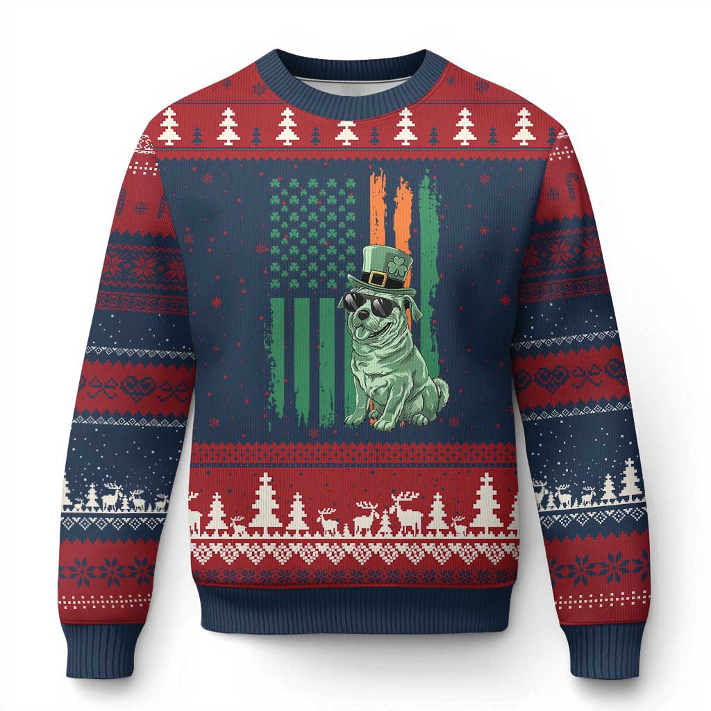 Funny St Patrick's Day Pug Leprechaun Ugly Christmas Sweater Dog Lover Puppy Green American Flag TS02 Navy Red Print Your Wear