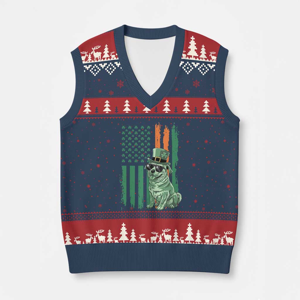 Funny St Patrick's Day Pug Leprechaun V-Neck Knit Sweater Vest Dog Lover Puppy Green American Flag TS02 Navy Red Print Your Wear