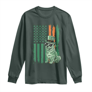 Funny St Patrick's Day Pug Leprechaun Long Sleeve Shirt Dog Lover Puppy Green American Flag TS02 Dark Forest Green Print Your Wear