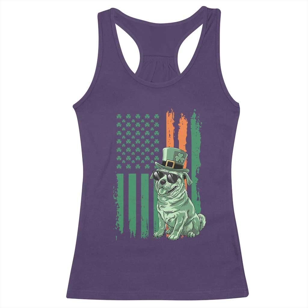Funny St Patrick's Day Pug Leprechaun Racerback Tank Top Dog Lover Puppy Green American Flag TS02 Purple Print Your Wear