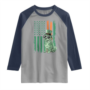 Funny St Patrick's Day Pug Leprechaun Raglan Shirt Dog Lover Puppy Green American Flag TS02 Sport Gray Navy Print Your Wear