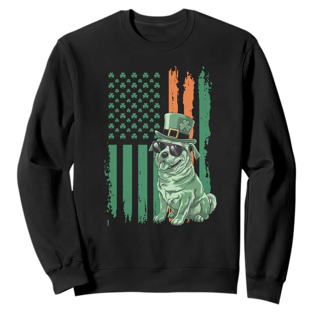 Funny St Patrick's Day Pug Leprechaun Sweatshirt Dog Lover Puppy Green American Flag TS02 Black Print Your Wear