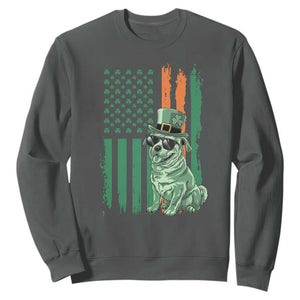 Funny St Patrick's Day Pug Leprechaun Sweatshirt Dog Lover Puppy Green American Flag TS02 Dark Heather Print Your Wear