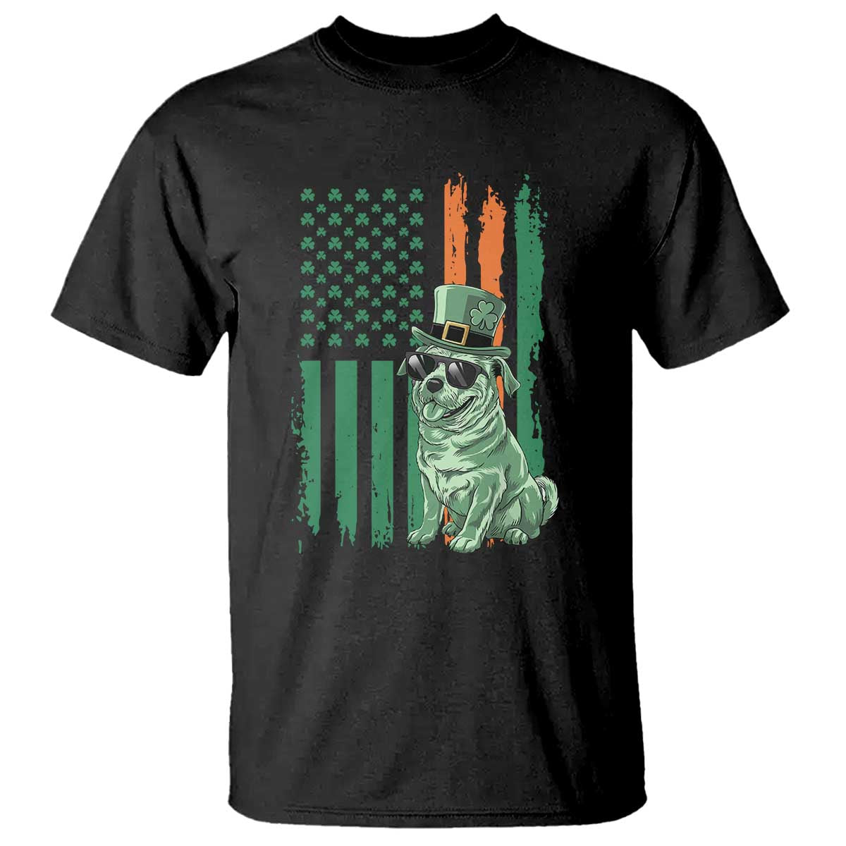 Funny St Patrick's Day Pug Leprechaun T Shirt Dog Lover Puppy Green American Flag TS02 Black Print Your Wear