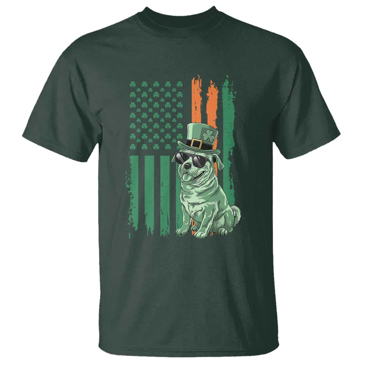 Funny St Patrick's Day Pug Leprechaun T Shirt Dog Lover Puppy Green American Flag TS02 Dark Forest Green Print Your Wear