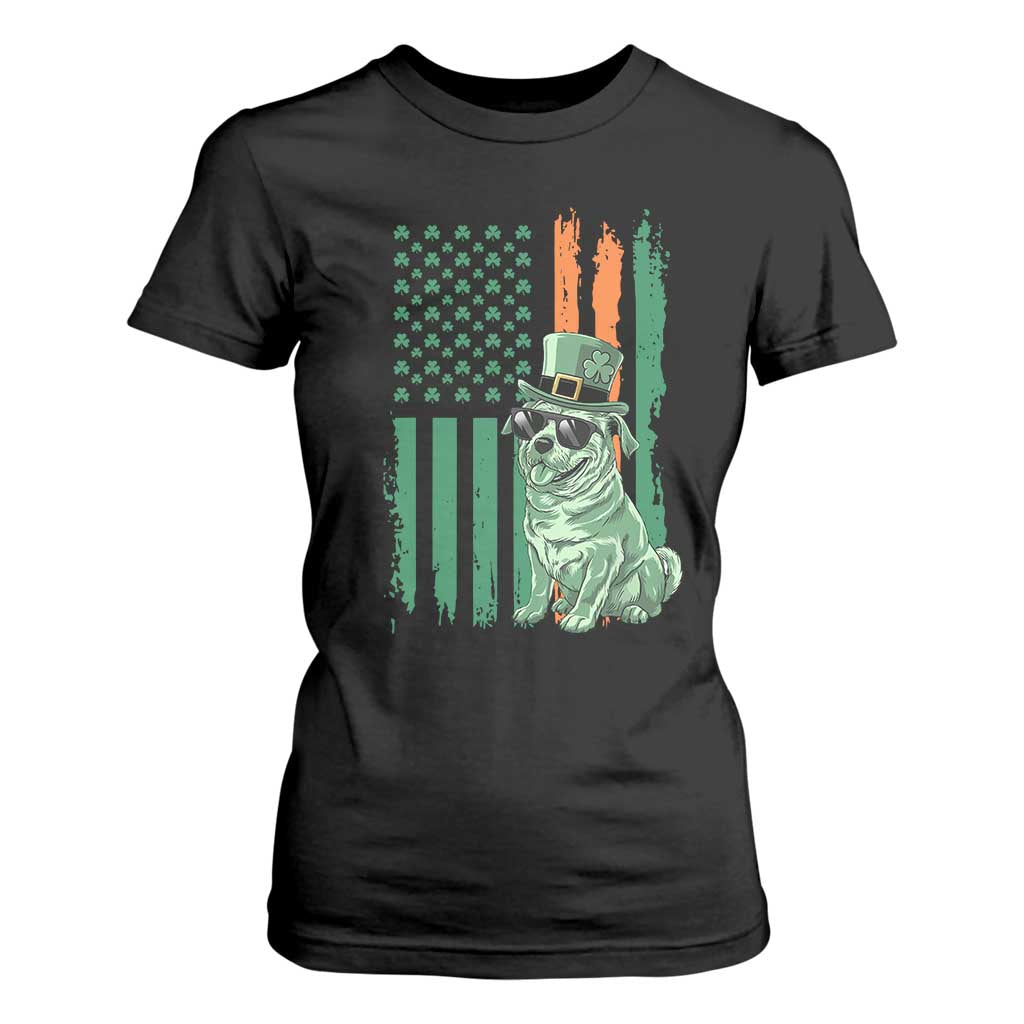 Funny St Patrick's Day Pug Leprechaun T Shirt For Women Dog Lover Puppy Green American Flag TS02 Black Print Your Wear