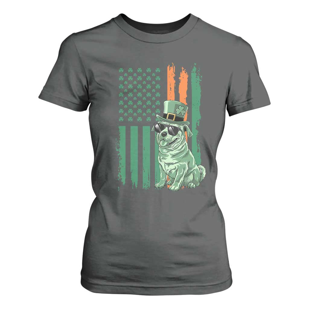 Funny St Patrick's Day Pug Leprechaun T Shirt For Women Dog Lover Puppy Green American Flag TS02 Dark Heather Print Your Wear