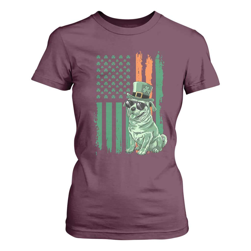 Funny St Patrick's Day Pug Leprechaun T Shirt For Women Dog Lover Puppy Green American Flag TS02 Maroon Print Your Wear