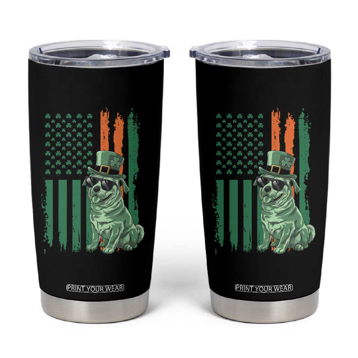 Funny St Patrick's Day Pug Leprechaun Tumbler Cup Dog Lover Puppy Green American Flag TS02 Black Print Your Wear