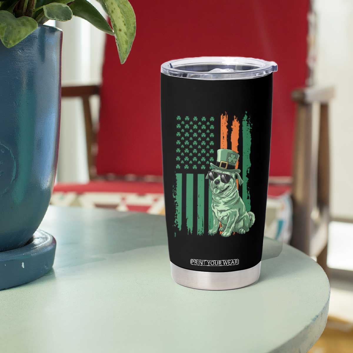 Funny St Patrick's Day Pug Leprechaun Tumbler Cup Dog Lover Puppy Green American Flag TS02 Print Your Wear