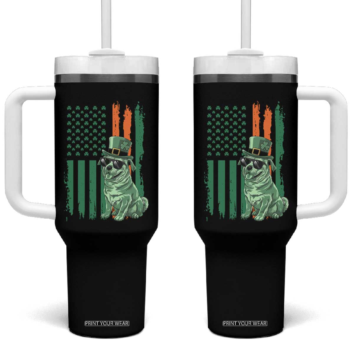 Funny St Patrick's Day Pug Leprechaun Tumbler With Handle Dog Lover Puppy Green American Flag TS02 One Size: 40 oz Black Print Your Wear