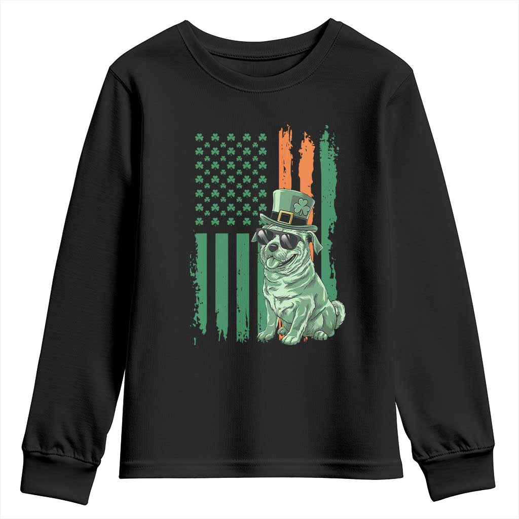 Funny St Patrick's Day Pug Leprechaun Youth Sweatshirt Dog Lover Puppy Green American Flag TS02 Black Print Your Wear