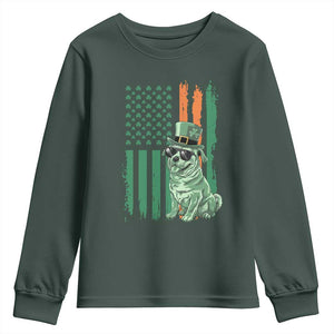 Funny St Patrick's Day Pug Leprechaun Youth Sweatshirt Dog Lover Puppy Green American Flag TS02 Dark Forest Green Print Your Wear