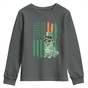 Funny St Patrick's Day Pug Leprechaun Youth Sweatshirt Dog Lover Puppy Green American Flag TS02 Dark Heather Print Your Wear