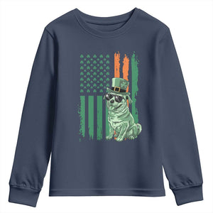 Funny St Patrick's Day Pug Leprechaun Youth Sweatshirt Dog Lover Puppy Green American Flag TS02 Navy Print Your Wear