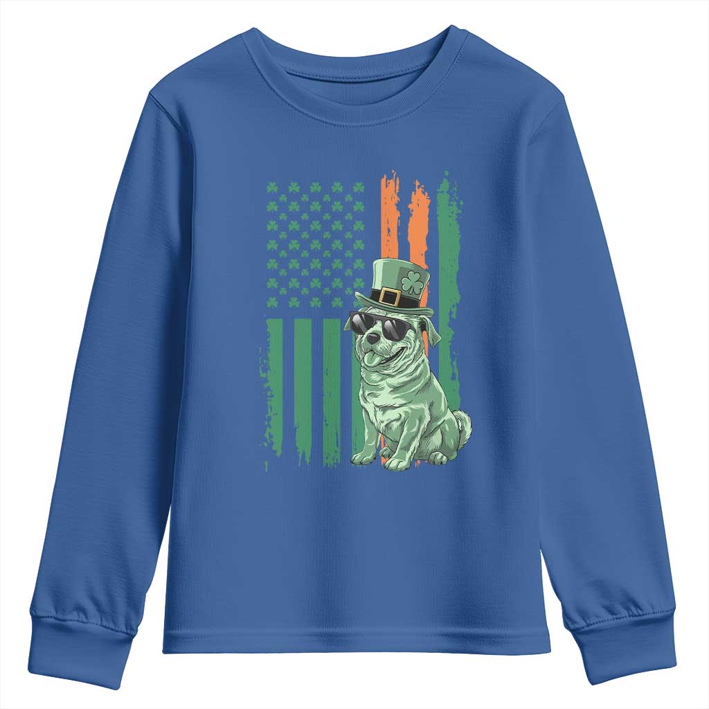 Funny St Patrick's Day Pug Leprechaun Youth Sweatshirt Dog Lover Puppy Green American Flag TS02 Royal Blue Print Your Wear