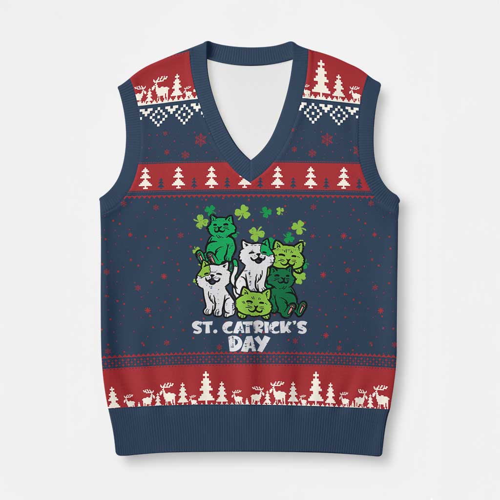 Cute St Catricks Day V-Neck Knit Sweater Vest St Patricks Cats Saint Pattys Cat Lover TS02 Navy Red Print Your Wear