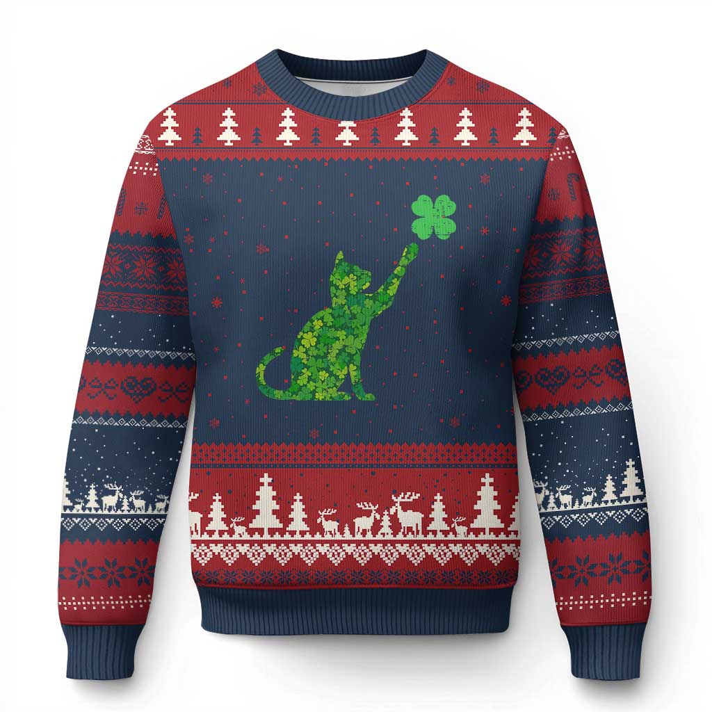 St Patricks Day Shamrock Cat Ugly Christmas Sweater Saint Pattys Cats Lover TS02 Navy Red Print Your Wear