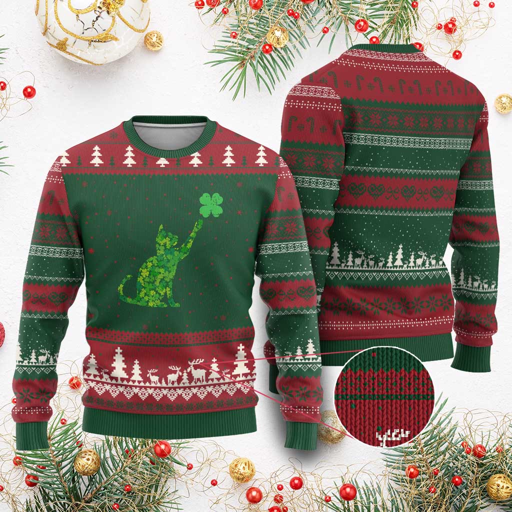 St Patricks Day Shamrock Cat Ugly Christmas Sweater Saint Pattys Cats Lover TS02 Red Green Print Your Wear