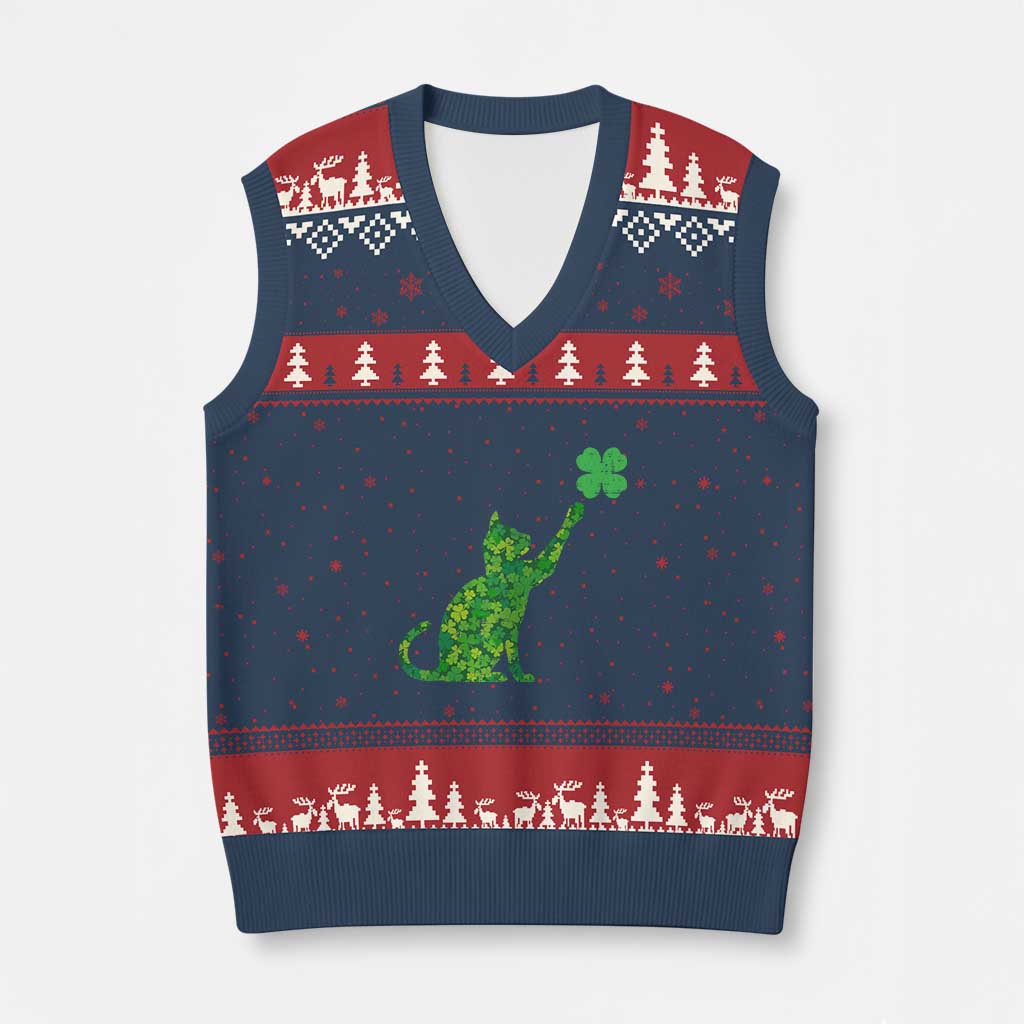 St Patricks Day Shamrock Cat V-Neck Knit Sweater Vest Saint Pattys Cats Lover TS02 Navy Red Print Your Wear