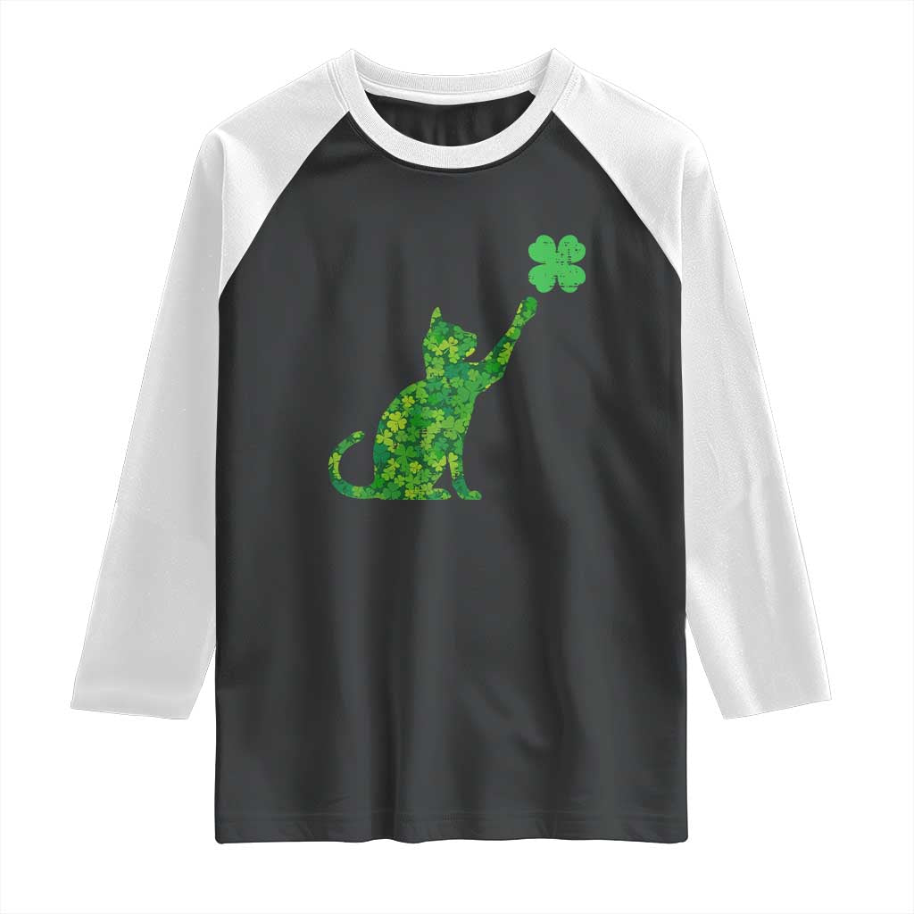 St Patricks Day Shamrock Cat Raglan Shirt Saint Pattys Cats Lover TS02 Black White Print Your Wear