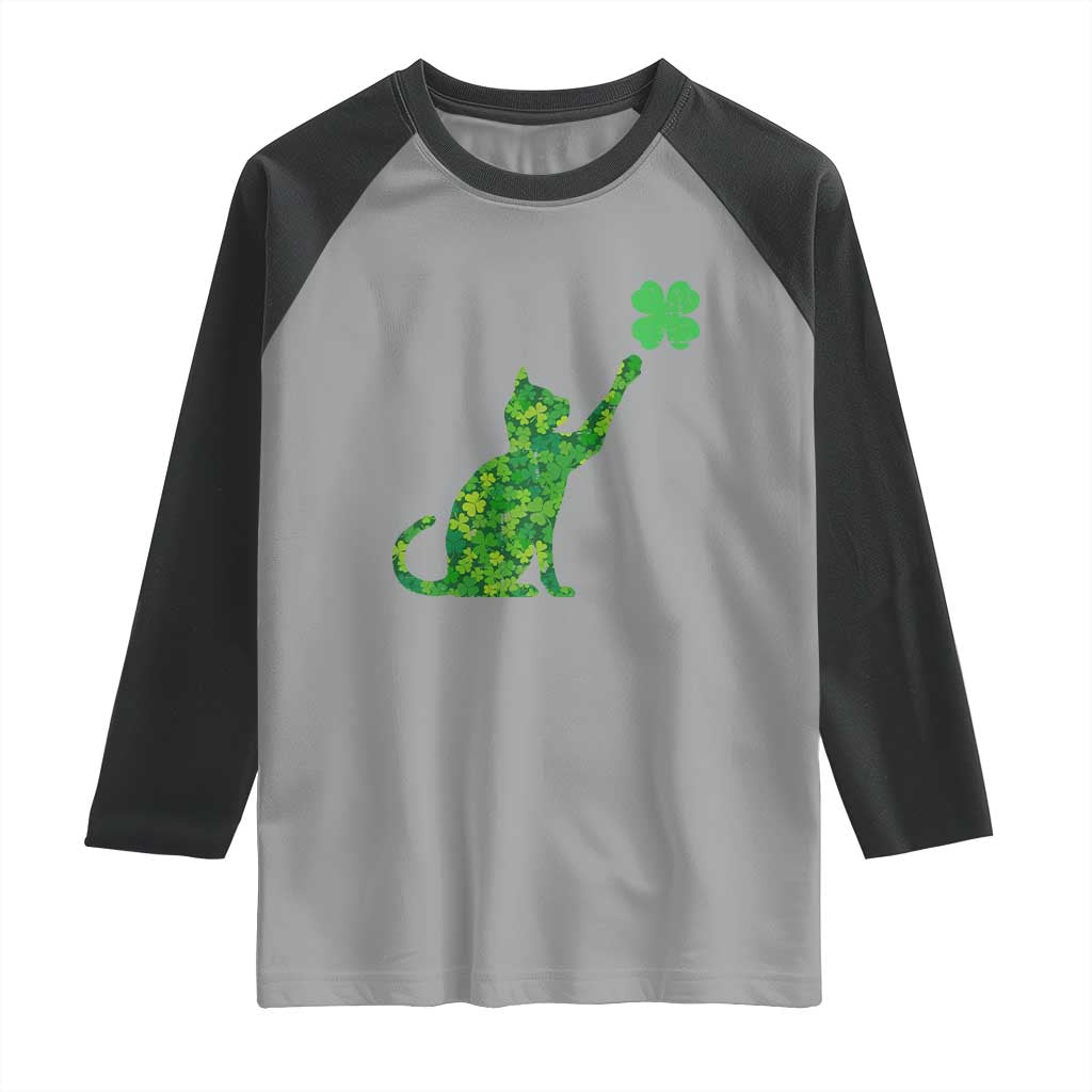 St Patricks Day Shamrock Cat Raglan Shirt Saint Pattys Cats Lover TS02 Sport Gray Black Print Your Wear