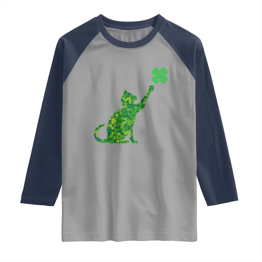 St Patricks Day Shamrock Cat Raglan Shirt Saint Pattys Cats Lover TS02 Sport Gray Navy Print Your Wear
