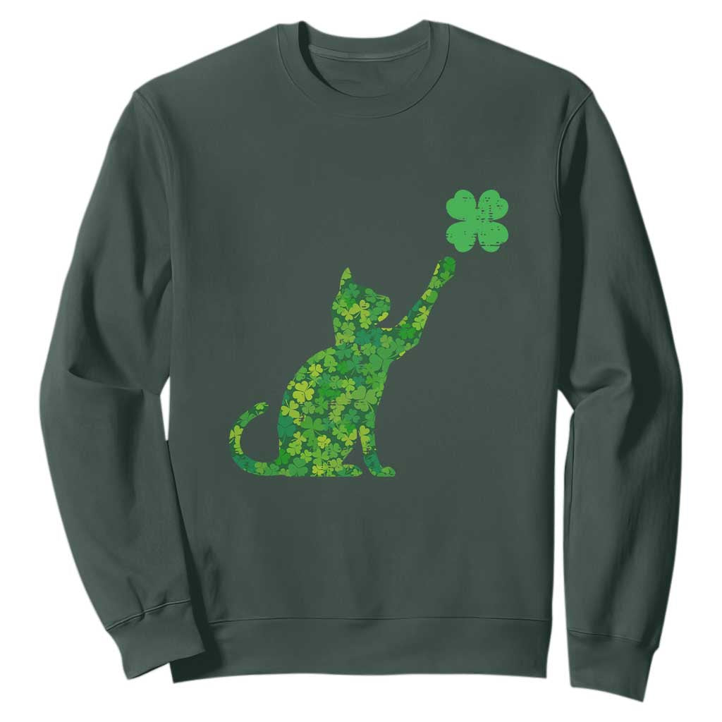 St Patricks Day Shamrock Cat Sweatshirt Saint Pattys Cats Lover TS02 Dark Forest Green Print Your Wear