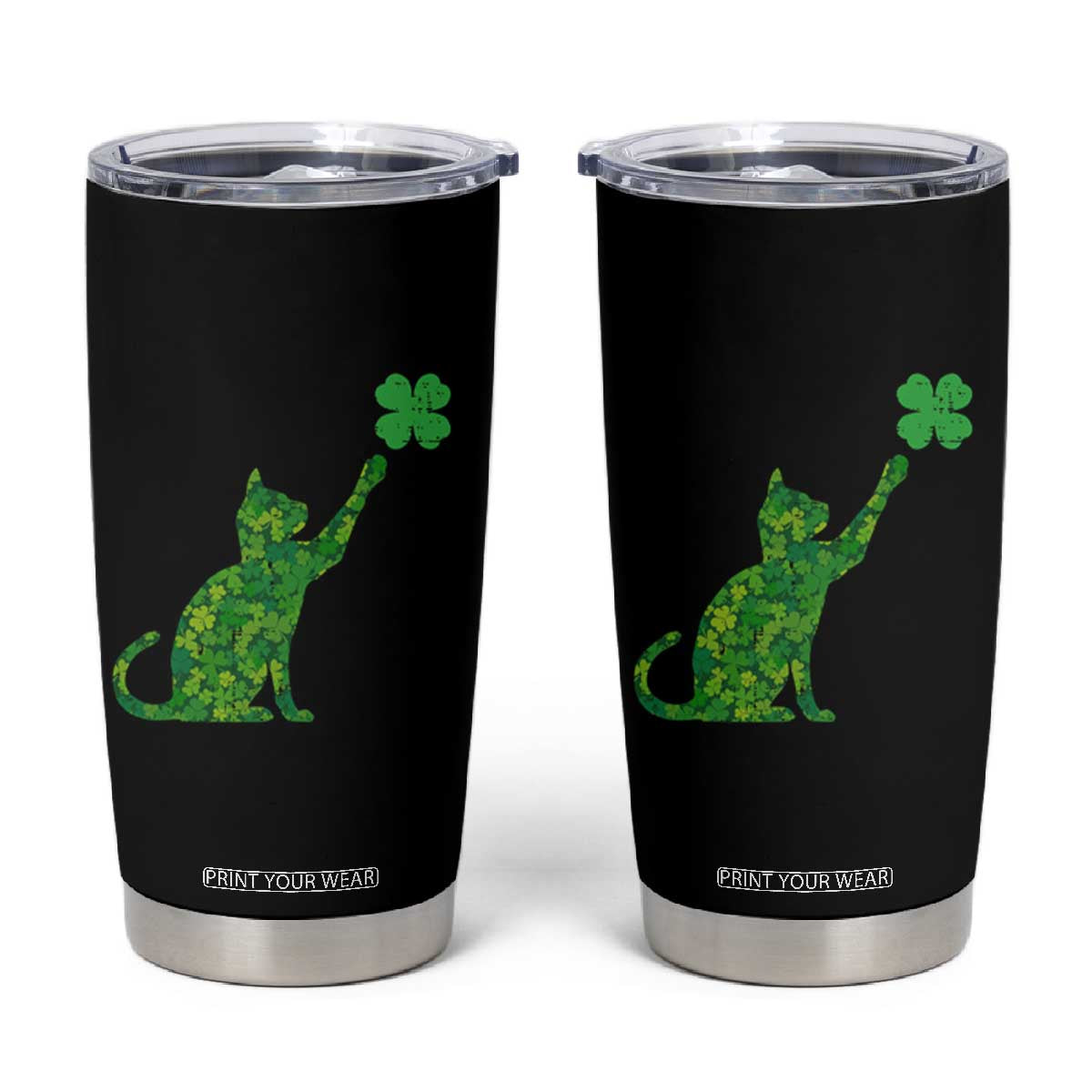 St Patricks Day Shamrock Cat Tumbler Cup Saint Pattys Cats Lover TS02 Black Print Your Wear