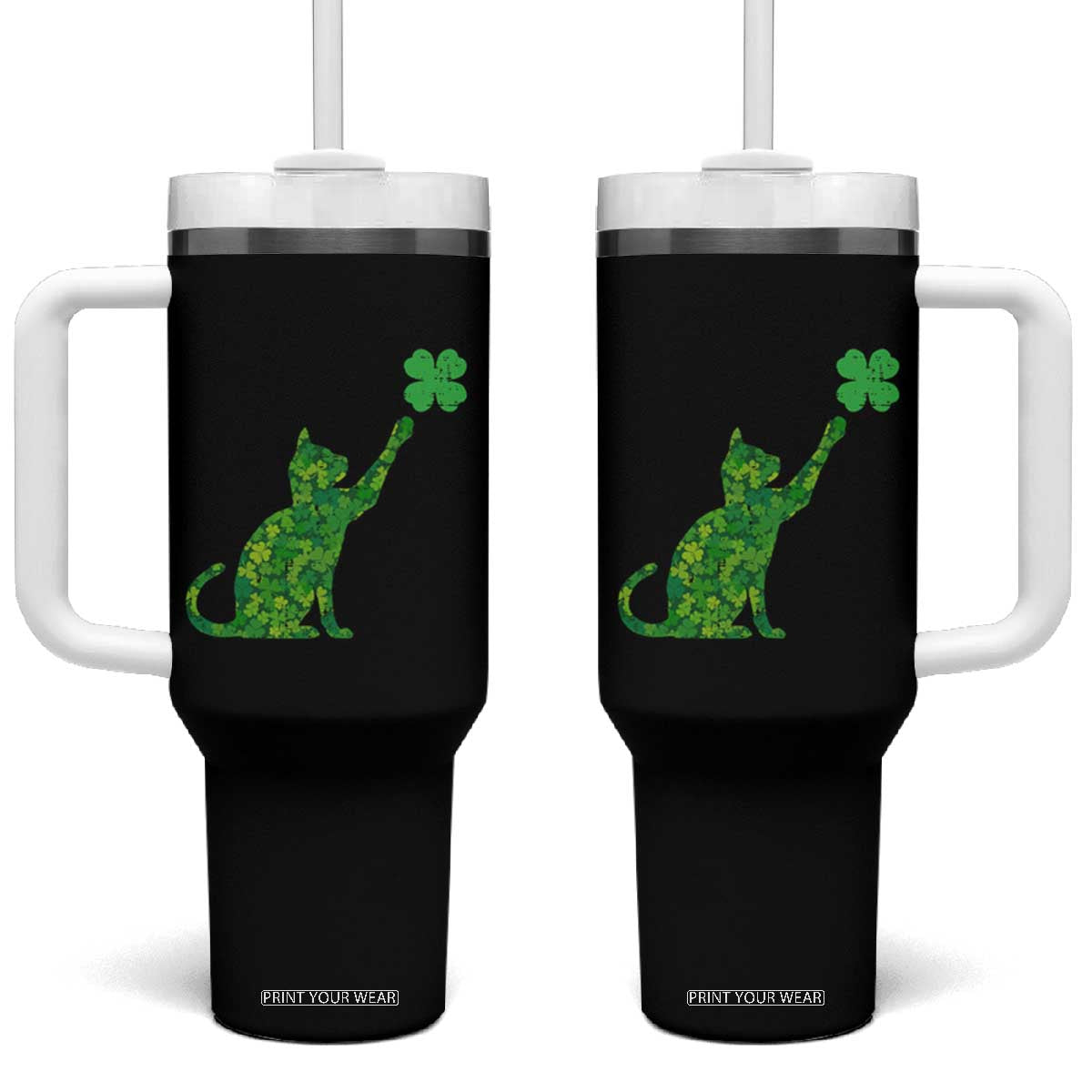 St Patricks Day Shamrock Cat Tumbler With Handle Saint Pattys Cats Lover TS02 One Size: 40 oz Black Print Your Wear
