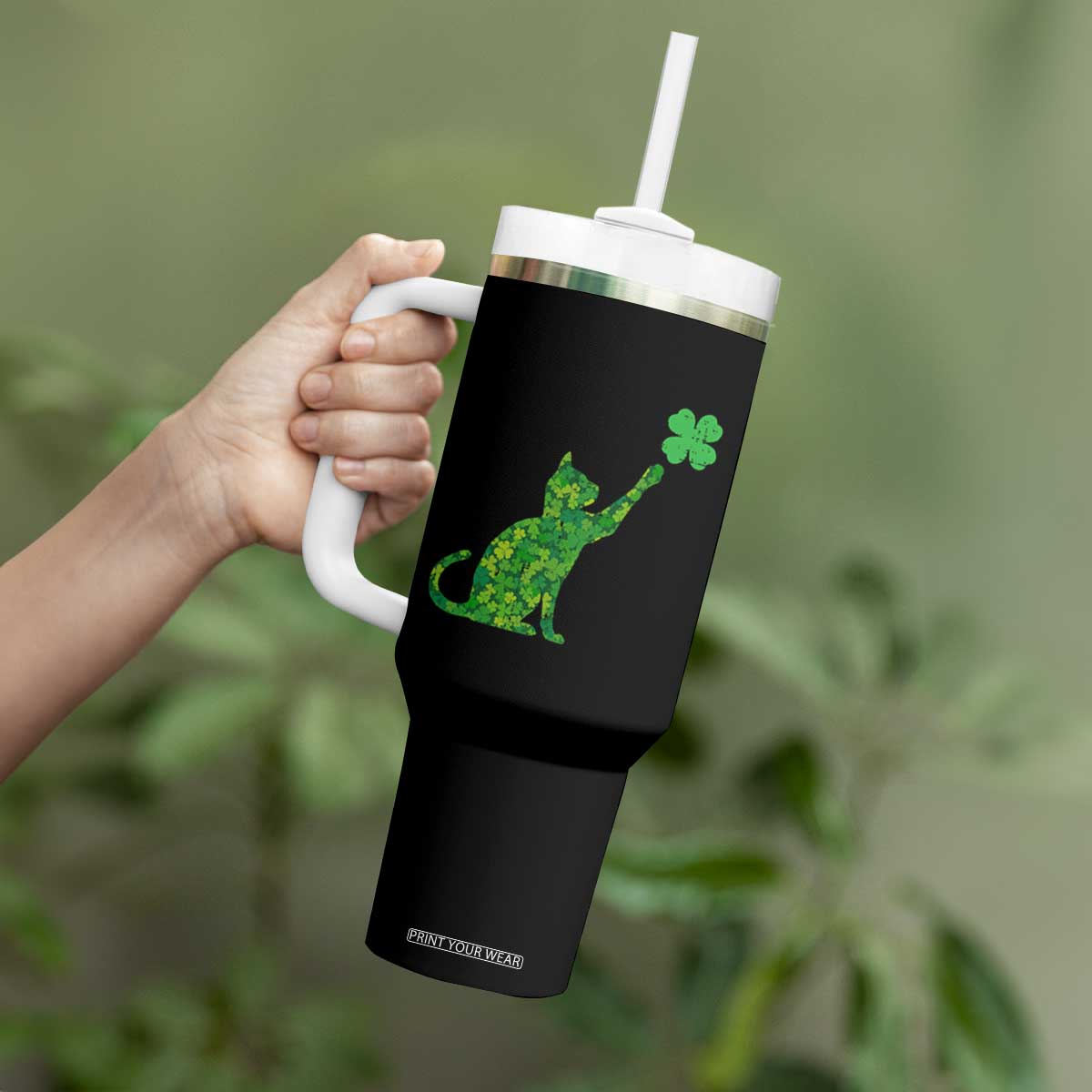 St Patricks Day Shamrock Cat Tumbler With Handle Saint Pattys Cats Lover TS02 Print Your Wear