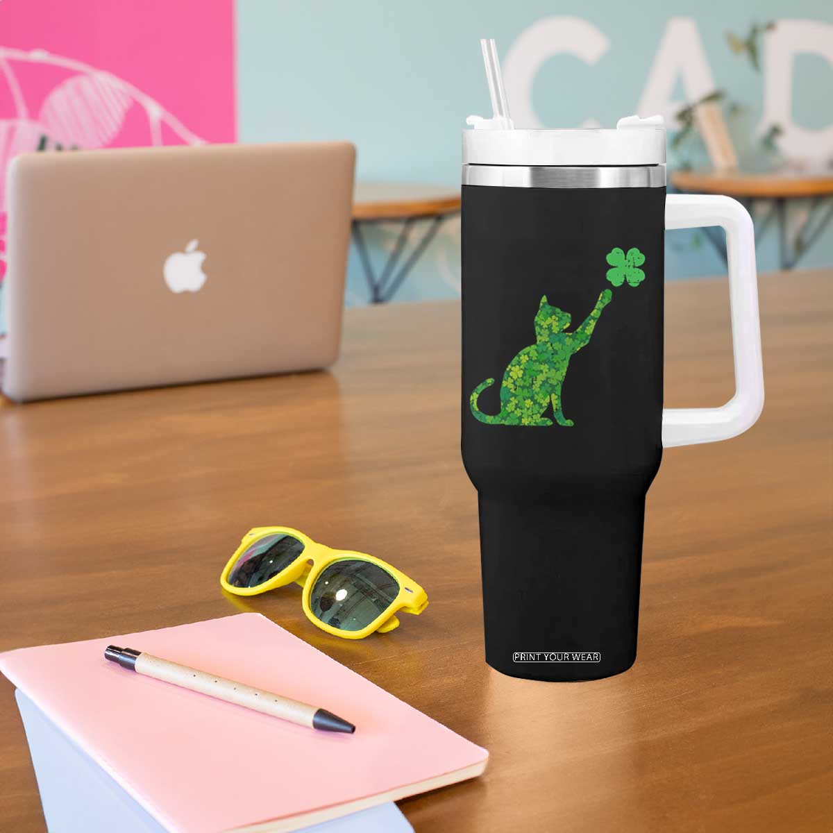 St Patricks Day Shamrock Cat Tumbler With Handle Saint Pattys Cats Lover TS02 Print Your Wear