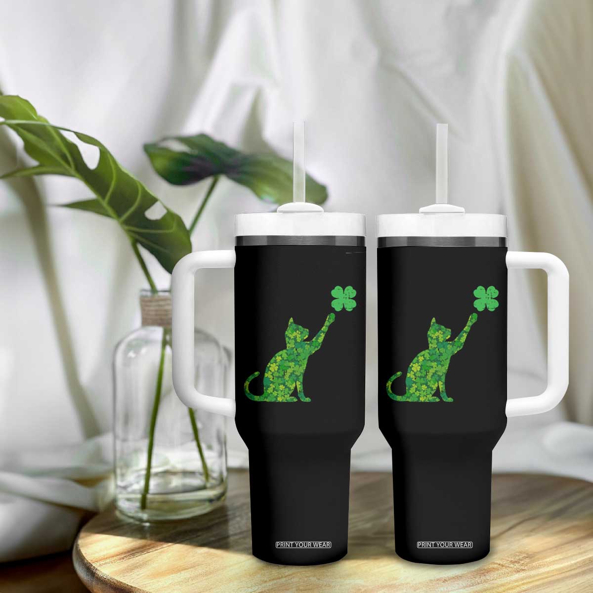 St Patricks Day Shamrock Cat Tumbler With Handle Saint Pattys Cats Lover TS02 Print Your Wear