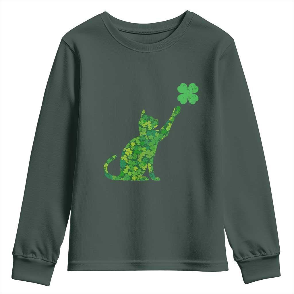 St Patricks Day Shamrock Cat Youth Sweatshirt Saint Pattys Cats Lover TS02 Dark Forest Green Print Your Wear