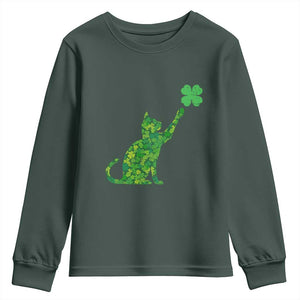St Patricks Day Shamrock Cat Youth Sweatshirt Saint Pattys Cats Lover TS02 Dark Forest Green Print Your Wear